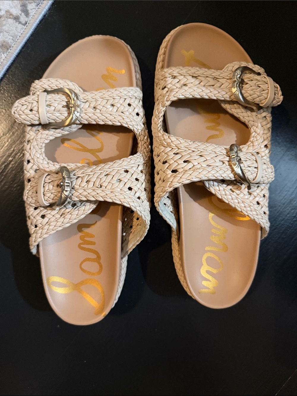 Sam Edelman Woven Double-Buckle Slide Sandals in Beige